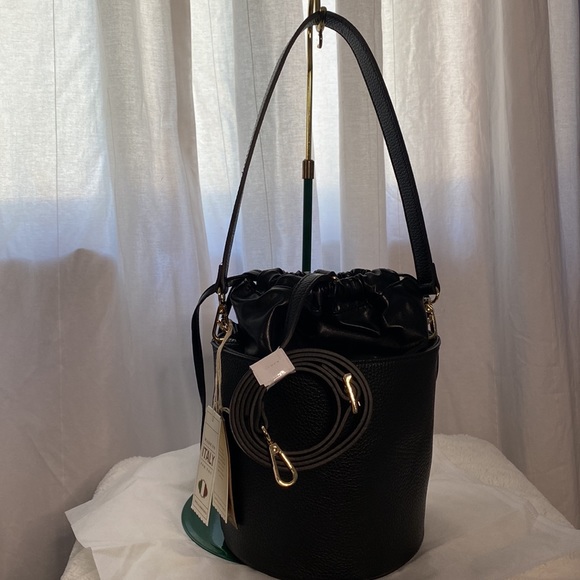 Anna Paola Italian Black Leather Bucket Bag NWT. - Picture 3 of 13